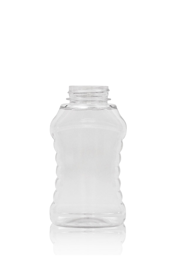 16 oz. (24 oz. Honey Weight) Ribbed Hourglass PET Honey Bottle with  Pressure Sensitive Liner Black Plastic Flip Top Lid